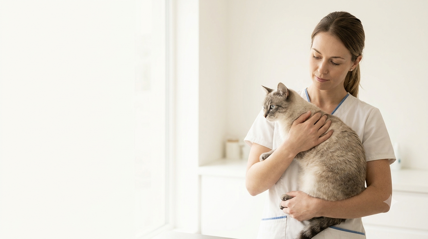 A vet holding a cat in a bright, calm practice